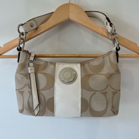 Coach Handbags - Coach Signature Stripe Demi Canvas Tan and Ivory Bag.